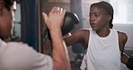 Gym, boxing and coach with woman for training, exercise and learning to punch. Fitness center, female client and male personal trainer for supervision, teaching and motivation for beginner boxer