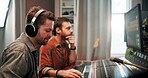 People, computer and music producer in studio as artist for beats, song or album with talent. Audio, tech equipment and dj as partners with headphones for sound mixing or composition and production