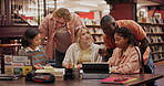 University library, students and discussion with table for communication, learning or knowledge. Education, diversity and friends with technology for school project, study group or collaboration