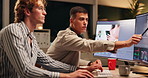 Night, screen and pointing of collaboration with computer for creative agency, planning and brainstorm. Late working, editor or male producer with pc for image, visual editing or discussion in office