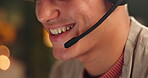 Call centre, headset and man speaking to client for telemarketing, tech support or customer service to help. Male agent, talking and virtual assistant for sales advice, server or faq for remote work