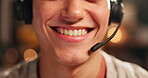 Smile, man and call centre or headset for agency of telemarketing, tech support or customer service to help. Male agent, talking and virtual assistant for sales advice, server or faq for remote work