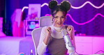 Woman, content creator and microphone for live streaming in neon with talking, happy and nail tapping. Girl, influencer and vlogging for social media followers with sensory audio, sounds and relax