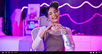 Face, influencer and woman with vlog, heart hands and thank you to followers, content creator and smile. Portrait, neon lights and girl with happiness, symbol for love and sign with icon and like