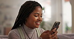 Girl, phone and laughing or scroll on sofa for social media meme, funny online video and text message joke in home. Gen z, hands and search on smartphone in lounge for gossip site and comic web post