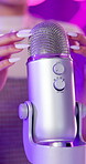 Microphone, girl hands and ASMR in studio for scratch, social media or influencer by neon lights. Female content creator, recording or audio with equipment for sound, satisfaction or online audience