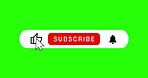Green screen, icon and like for social media subscription with cursor, thumbs up and notification for followers. Blog, channel and icons for streaming service with click, subscribe button and mockup