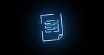 Neon, light and letter icon on black background for animation, communication and digital document. Abstract, sign and symbol as file or folder for information, online email and text message with glow