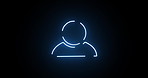 Neon light, icon and profile with motion of line, animation or circle of shapes on a black background. Abstract sign, password or character with symbol, glow or design of user, outline or contact