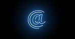 Neon light, letter and icon with motion of line, animation or circle on a black background. Abstract at sign or character with symbol, glow or design of email, outline or message for notification