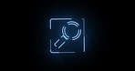 Neon light, magnifying glass and icon with motion of animation or search on a black background. Abstract sign, symbol or object with glow, outline or loop of marking, line or circle for investigation
