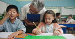 Children, woman and writing in classroom helping, support and teaching reading for education knowledge. Students, teacher and notebook study, drawing and creative growth of learning development goal