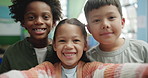 Selfie, face and school children in classroom with smile for development, knowledge or happiness. Diversity, friends and young kids taking picture for social media, photography or education memory
