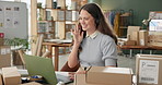 Fashion designer, woman and customer service for startup, logistics or e commerce support or help with online order. Clothes seller talking on computer for call center communication at small business