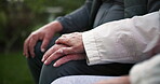 Hands, senior people and support in nursing home or retirement village as pensioner or elderly couple. Closeup, trust and love with gratitude, commitment or care as together, partner and empathy