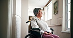 Elderly woman, wheelchair and thinking by window in nursing home, reflection or planning for health. Thoughtful, memory and person with disability in wellness center, nostalgia for youth in hallway