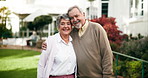 Senior couple, portrait and happy in garden for love, retirement and hug for date together. Smile, elderly man and woman in backyard of nursing home for walk in nature for anniversary and wellness