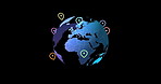 Hologram, world and location pins for travel, global population or demographic statistics. Earth, network and futuristic 3d model of planet with navigation marker by black background in studio.