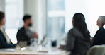 Blurred background, meeting and teamwork with business people in boardroom of office together. Collaboration, corporate and planning with employee group in workplace for discussion or training