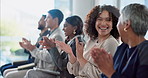 Clapping hands, presentation and business people in office for seminar for company achievement or victory. Applause, celebration and audience of corporate lawyers at conference meeting in workplace.