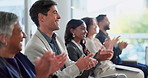 Applause, celebration and business people in office for seminar for company achievement or victory. Clapping hands, presentation and audience of corporate lawyers at conference meeting in workplace.