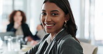 Business, woman and happy face in boardroom, corporate finance and Indian female person in meeting for company. Smiling, professional and employee portrait in office, growth planning and workplace