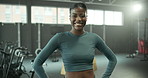 Gym, black woman and face of sport coach in fitness, wellness and health center for workout and job. Portrait, happy and confidence of personal trainer with smile and athlete ready for training work