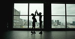 High five, window and friends silhouette with teamwork, collaboration and excited at gym with happy people. Success, motivation and achievement of fitness and workout win with training and victory