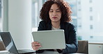 Business, woman and scroll on tablet in office with reading information, research planning and thinking of ideas. Legal intern, digital tech and checking schedule, calendar or networking at workspace