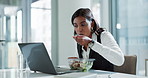 Employee, laptop and woman with food, eating and connection with research, salad bowl or relax. Person, professional or consultant with pc, internet or healthy meal with lunch break or online reading