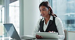 Woman, tablet and laptop in office with reading, typing and virtual consultation for legal info at law firm. Person, attorney or advocate with computer, touchscreen or check notification in workplace