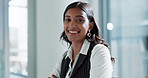 Office, crossed arms and face of business Indian woman with company pride, confidence and ambition. Corporate worker, professional and portrait of worker for career, job opportunity and internship