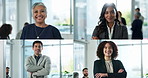 Face, arms crossed and business people collage in office with confidence, pride and empowerment. Startup, leadership or portrait of company partners with about us, power pose or consulting service