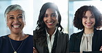 Smile, face and collage of business women in office with positive, pride and confidence for career. Happy, diversity and composite portrait of professional corporate lawyers with team in workplace.