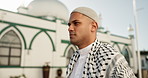 Man, Muslim and walking by mosque with religion for spirituality, morning prayer and keffiyeh scarf. Male person, faith and Islamic temple for worship Allah with hope, gratitude and taqiyah in Beirut