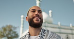 Muslim, religion and face of man to mosque for worship, religious education and prayer for Eid Mubarak. Islamic community, Saudi Arabia and person by holy temple for Ramadan Kareem, faith and belief