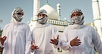 Muslim, religion and men to mosque talking for worship, religious education and prayer for Eid Mubarak. Islamic community, friends and people by holy temple for Ramadan Kareem, faith and conversation