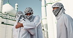 Muslim, religion and men by mosque with handshake for community, hello and greet Islamic friends. Worship, prayer and men in conversation for Ramadan Kareem, Eid Mubarak and praying in Saudi Arabia