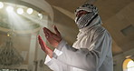 Muslim, praying or person in mosque with keffiyeh scarf for Palestine resistance, peace or religion solidarity. Low angle, Islamic man or holy building for prayers, strength or perseverance in unity