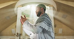 Dua, Islamic and man with open hands in mosque for spirituality, religious worship and praying. Muslim person, wiping face or holy building for Gaza hope, faith and trust in community solidarity