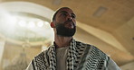 Muslim, religion or person in mosque with keffiyeh scarf for Palestine resistance, peace or religion solidarity. Low angle, Islamic man or holy building for prayers, strength or perseverance in unity