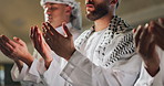 Praying, Islamic and group with open hands in mosque for spiritual reading, religious worship and Urdu. Muslim people, palms or holy building for Gaza hope, faith and trust in community solidarity