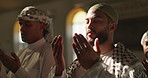 Praying, muslim and people with open hands in mosque for spiritual reading, religious worship and Urdu. Islamic group, palms or holy building for Gaza hope, faith and trust in community solidarity