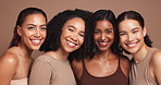 Skincare, portrait and women with smile for diversity, friendship and body positivity on studio background. Female group, inclusion and together with cosmetics in makeup, dermatology and treatment