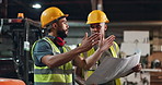 Engineering, blueprint and people teamwork in warehouse or construction site for building or property development. Architecture man or worker talking of floor plan ideas, solution or problem solving