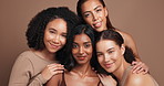 Skincare, diversity and women with smile for portrait, friendship and body positivity on studio background. Female group, inclusion and empowerment with hug for clear skin, dermatology and treatment