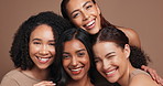 Embrace, love and face of friends with smile, studio and happy people for college, joy and excited in New York.  Brown background, portrait or women with care, students or together for hug with trust