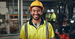 Portrait, worker and laughing of man in construction, safety and industry of engineering, face and building. Industrial, happy and helmet of person, smile and joy of employee in factory and warehouse