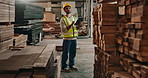 Warehouse, wood and man with tablet for check, online orders and stock control in factory. Supplier, logistics and male worker with technology for manufacturing, supply chain and inventory management