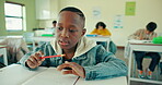 School, mathematics and black child in classroom for learning, knowledge or answer to question. Thinking, student and boy kid with problem solving for addition, assessment or counting on hand at desk